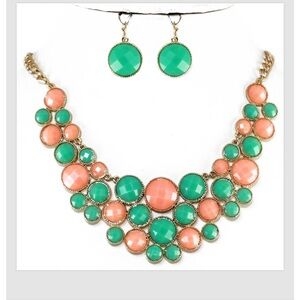Necklace Earrings Green Peach Gold 17"-19"L Cluster Bib Alloy Acrylic Women Set